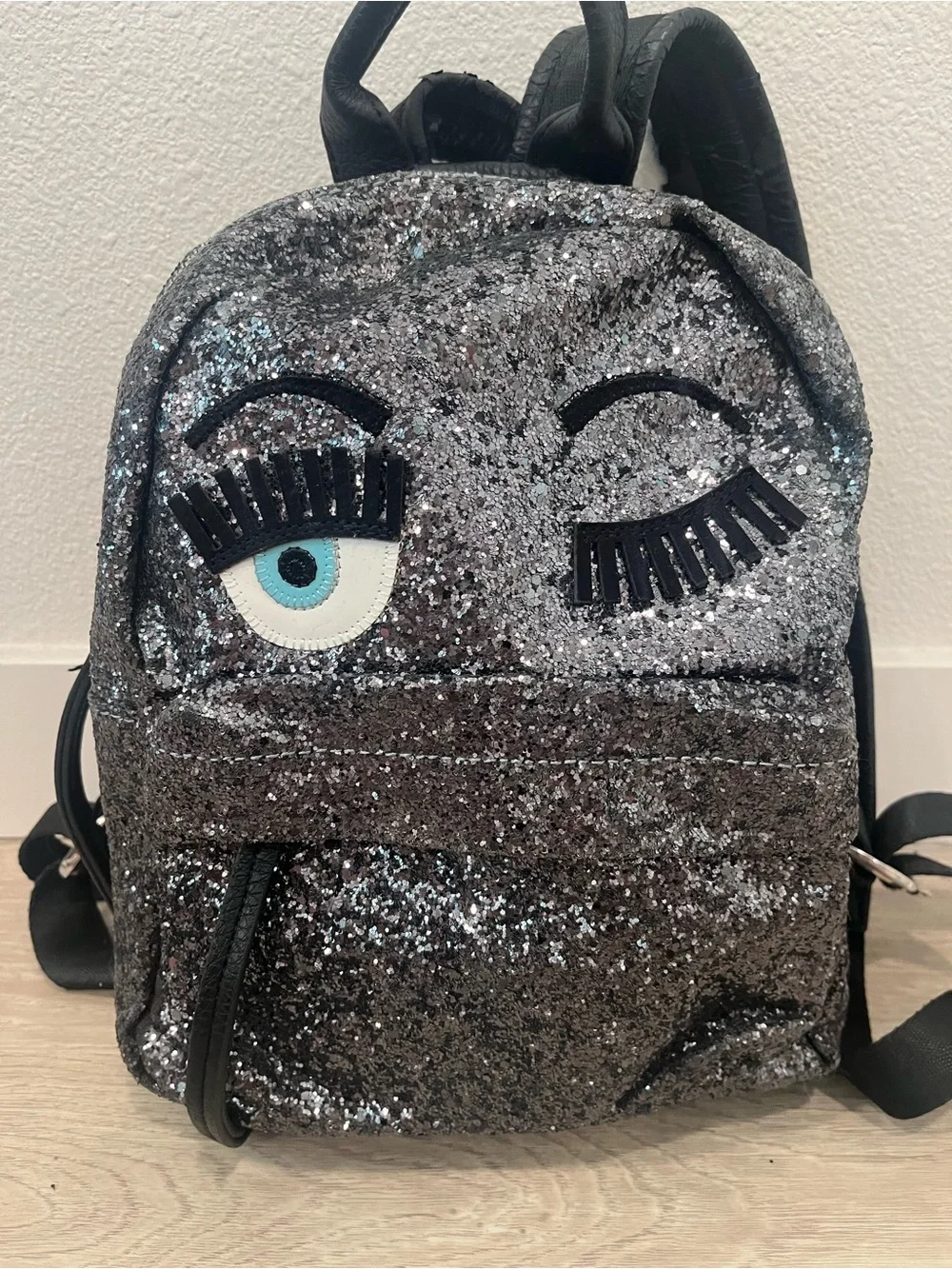 Chiara Ferragni Flirting Glitter Backpack Dark Silver Black Eye Leather Mini